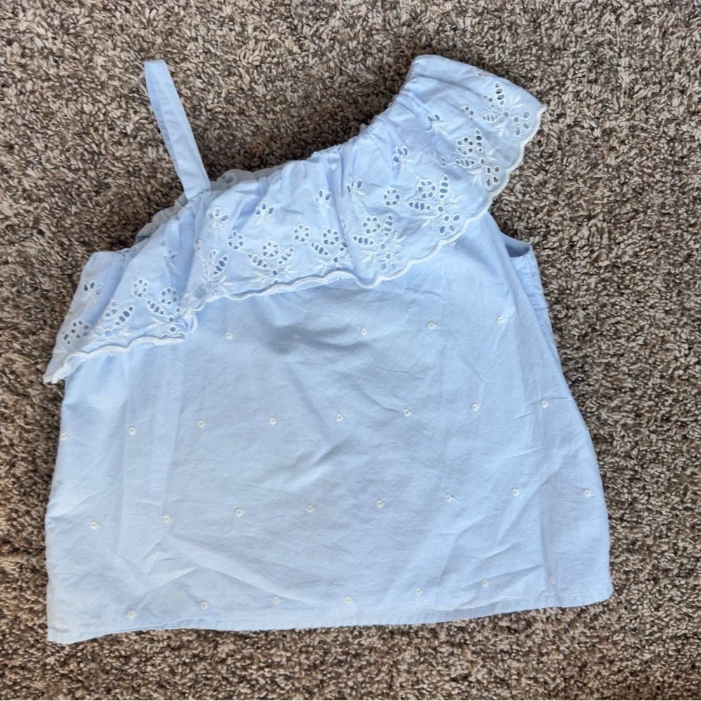 GAP Light Blue Eyelet Ruffle Blouse Kids Asymmetrical Eyelet Top Small
